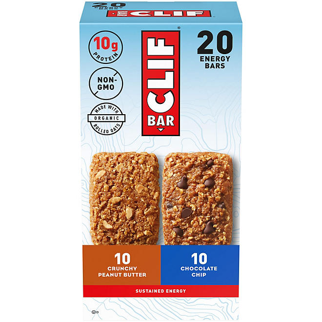 Paquete variado de barras CLIF, 2,4 oz, 20 unidades.