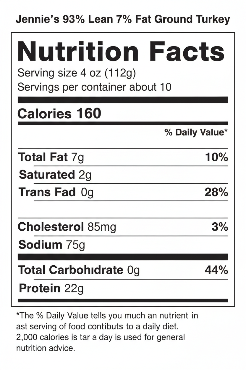 jennie's 93% Lean 7% fat Ground Turkey, 2.5 lbs nutrition fact