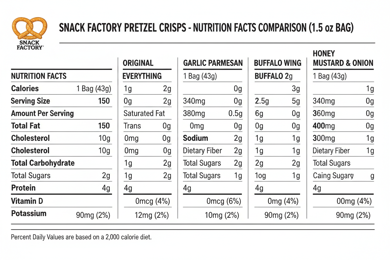 Snack Factory Pretzel Crisps, 1.5 oz nutrition fact for all flavors
