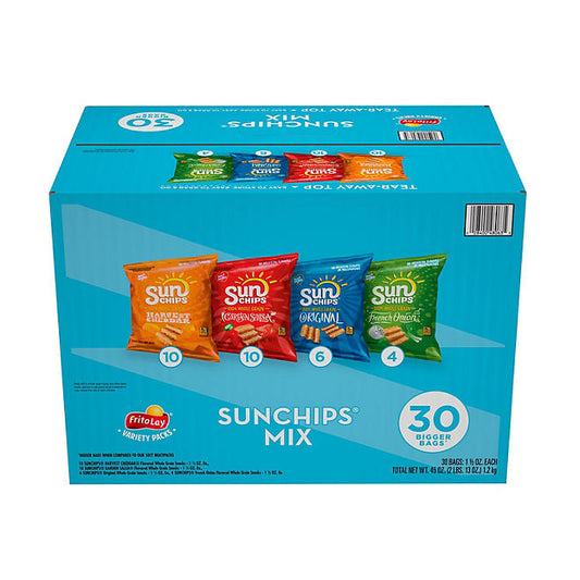 Papas fritas SunChips de grano entero, paquete variado, 30 unidades.