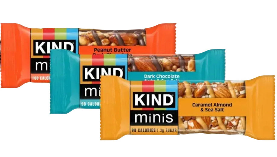 Four KIND minis protein bars arranged in a fan shape on a white background, showing Peanut Butter, Dark Chocolate, and Caramel Almond & Sea Salt flavors.