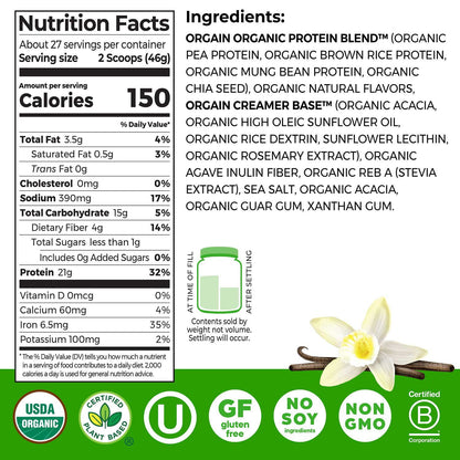 Proteína vegetal en polvo Orgain Organic 21 g sabor vainilla, 1,2 kg