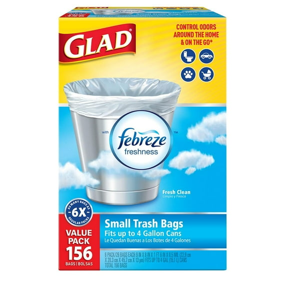 Bolsas de basura blancas Glad Small Twist-Tie, con aroma fresco y limpio y Febreze Freshness, 4 gal, 156 unidades.