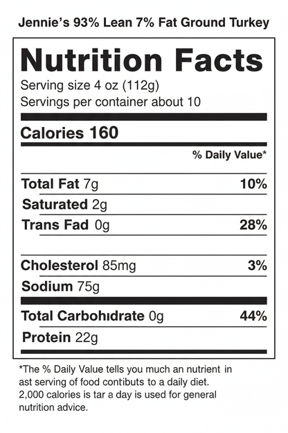 jennie's 93% Lean 7% fat Ground Turkey, 2.5 lbs nutrition fact